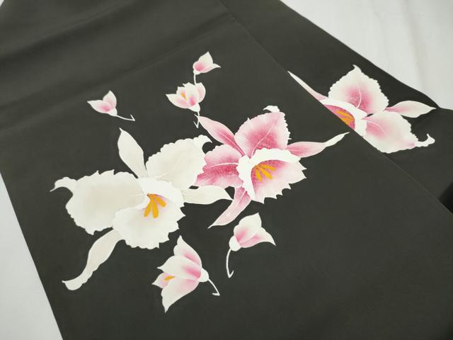 平和屋着物●塩瀬 九寸名古屋帯 カトレア 黒地 正絹 逸品 CABB0557hy