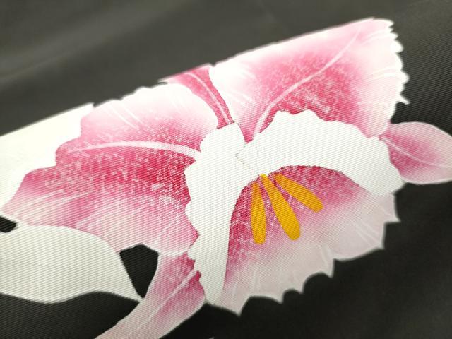 平和屋着物●塩瀬 九寸名古屋帯 カトレア 黒地 正絹 逸品 CABB0557hy