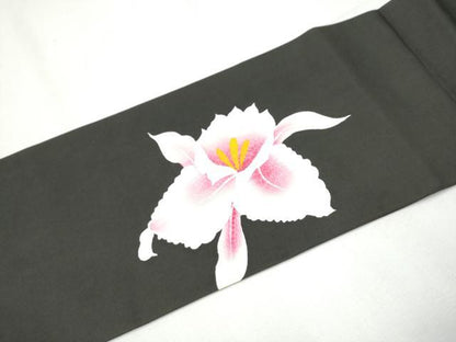 平和屋着物●塩瀬 九寸名古屋帯 カトレア 黒地 正絹 逸品 CABB0557hy