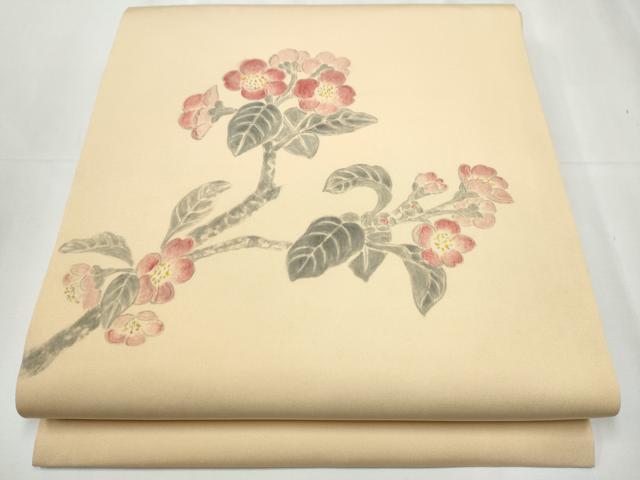 平和屋着物●塩瀬　九寸開き名古屋帯　手描き　枝花文　正絹　逸品　CABB0572hy
