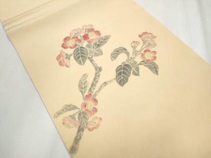 平和屋着物●塩瀬　九寸開き名古屋帯　手描き　枝花文　正絹　逸品　CABB0572hy