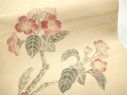 平和屋着物●塩瀬　九寸開き名古屋帯　手描き　枝花文　正絹　逸品　CABB0572hy