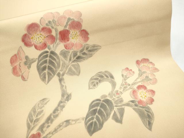 平和屋着物●塩瀬　九寸開き名古屋帯　手描き　枝花文　正絹　逸品　CABB0572hy