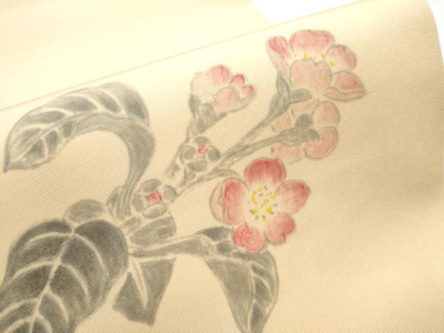 平和屋着物●塩瀬　九寸開き名古屋帯　手描き　枝花文　正絹　逸品　CABB0572hy