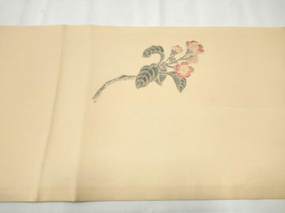 平和屋着物●塩瀬　九寸開き名古屋帯　手描き　枝花文　正絹　逸品　CABB0572hy