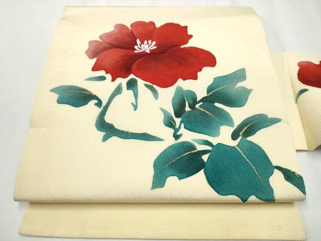平和屋着物●九寸名古屋帯 枝花文 金彩 鬼しぼ縮緬 正絹 逸品 CABB0585hy