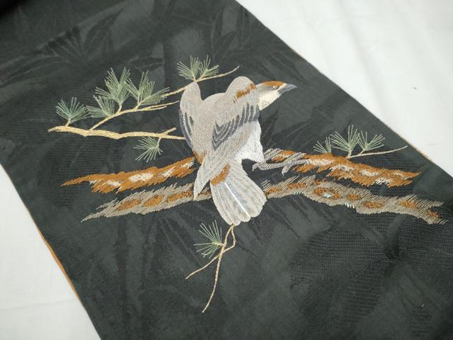 平和屋着物●アンティーク　大正ロマン　両面　太鼓柄　京袋帯　総手刺繍　鷹　枝松葉文　正絹　逸品　CABB0589hy