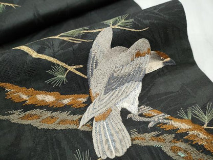 平和屋着物●アンティーク　大正ロマン　両面　太鼓柄　京袋帯　総手刺繍　鷹　枝松葉文　正絹　逸品　CABB0589hy