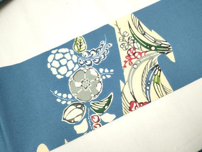 平和屋着物●九寸名古屋帯　型染め　草花文　鬼しぼ縮緬　正絹　逸品　CABB0593hy