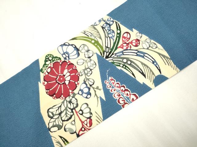 平和屋着物●九寸名古屋帯　型染め　草花文　鬼しぼ縮緬　正絹　逸品　CABB0593hy