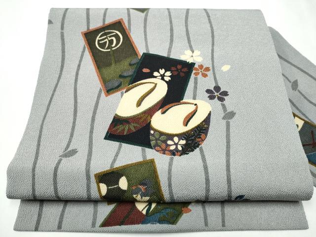 平和屋着物●全通柄　九寸名古屋帯　型染　下駄　色紙重ね草花文　鬼しぼ縮緬　正絹　逸品　CABB0620hy 平和屋着物○全通柄 九寸名古屋帯 型染 下駄 色紙重ね