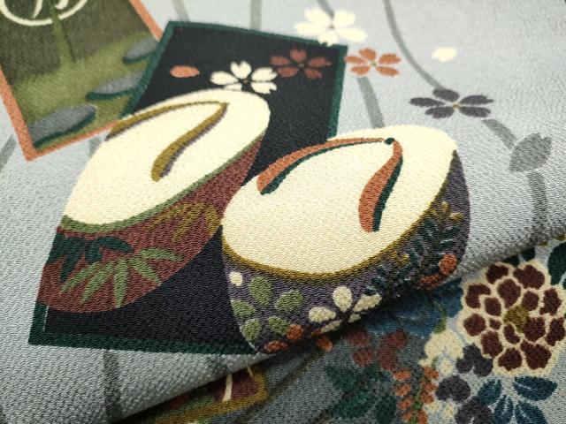 平和屋着物●全通柄　九寸名古屋帯　型染　下駄　色紙重ね草花文　鬼しぼ縮緬　正絹　逸品　CABB0620hy 平和屋着物○全通柄 九寸名古屋帯 型染 下駄 色紙重ね