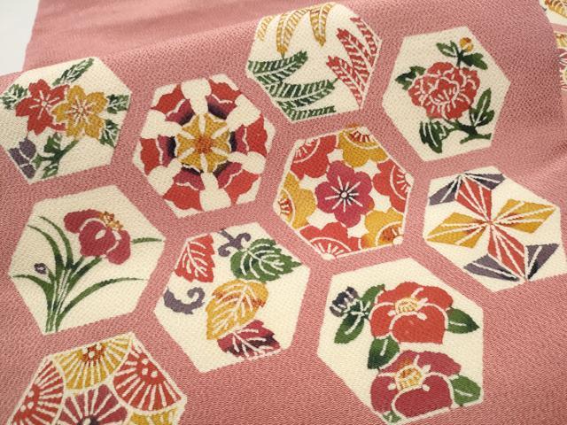 平和屋着物●九寸名古屋帯　型染め　草花吉祥文　鬼しぼ縮緬　銀座越後屋扱い　正絹　逸品　CABB0625hy
