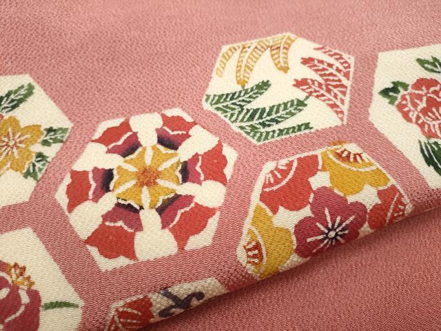 平和屋着物●九寸名古屋帯　型染め　草花吉祥文　鬼しぼ縮緬　銀座越後屋扱い　正絹　逸品　CABB0625hy