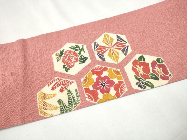 平和屋着物●九寸名古屋帯　型染め　草花吉祥文　鬼しぼ縮緬　銀座越後屋扱い　正絹　逸品　CABB0625hy