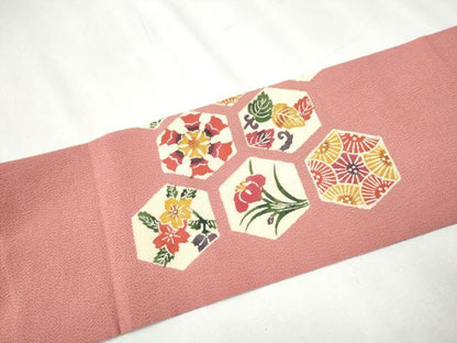 平和屋着物●九寸名古屋帯　型染め　草花吉祥文　鬼しぼ縮緬　銀座越後屋扱い　正絹　逸品　CABB0625hy