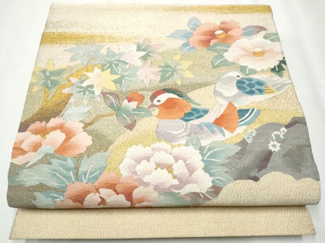 平和屋着物●八寸名古屋帯　綴れ　鴛鴦花文　金糸　正絹　逸品　CABB0633hy