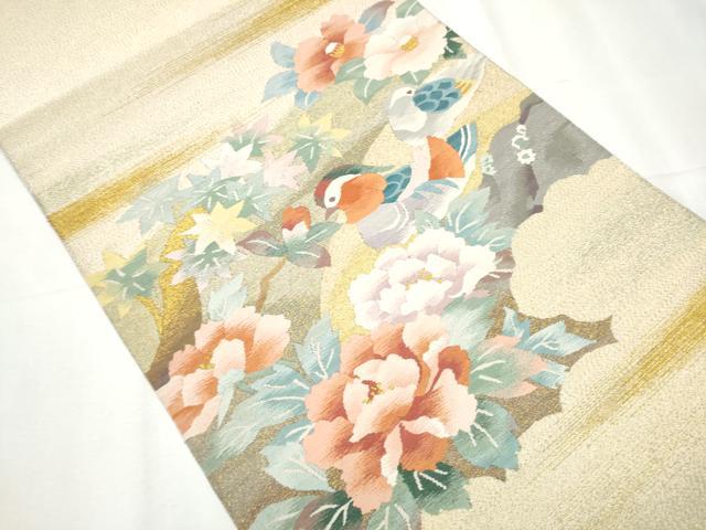 平和屋着物●八寸名古屋帯　綴れ　鴛鴦花文　金糸　正絹　逸品　CABB0633hy