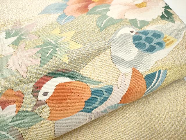 平和屋着物●八寸名古屋帯　綴れ　鴛鴦花文　金糸　正絹　逸品　CABB0633hy
