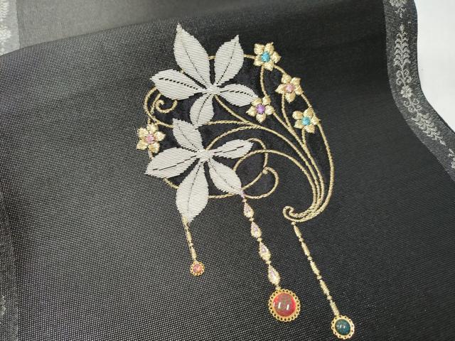 平和屋着物●太鼓柄袋帯　銀華山織　天然石　花唐草文　金銀糸　正絹　逸品　CABB0641hy