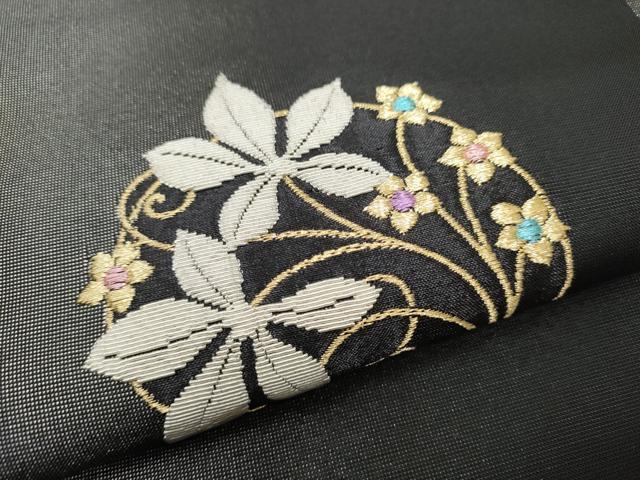 平和屋着物●太鼓柄袋帯　銀華山織　天然石　花唐草文　金銀糸　正絹　逸品　CABB0641hy