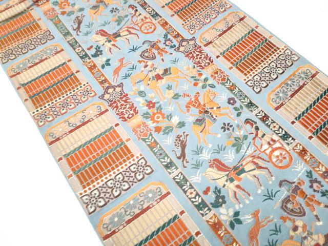 平和屋着物●六通柄袋帯　唐織　鎧脅し　狩猟花間道　金糸　正絹　逸品　CABB0646hy 平和屋着物○六通柄袋帯 唐織 鎧脅し 狩猟花間道 金糸