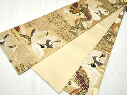 平和屋着物●全通柄袋帯　鳳凰草花鶴文　金糸　正絹　逸品　CABB0656hy
