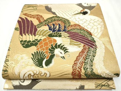 平和屋着物●全通柄袋帯　鳳凰草花鶴文　金糸　正絹　逸品　CABB0656hy