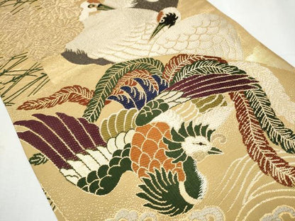 平和屋着物●全通柄袋帯　鳳凰草花鶴文　金糸　正絹　逸品　CABB0656hy