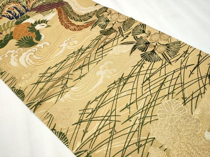 平和屋着物●全通柄袋帯　鳳凰草花鶴文　金糸　正絹　逸品　CABB0656hy