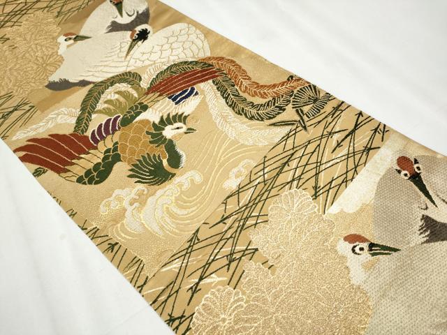 平和屋着物●全通柄袋帯　鳳凰草花鶴文　金糸　正絹　逸品　CABB0656hy