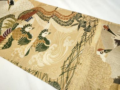 平和屋着物●全通柄袋帯　鳳凰草花鶴文　金糸　正絹　逸品　CABB0656hy