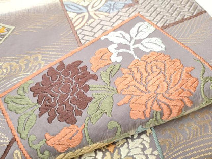 平和屋着物●六通柄袋帯　唐錦　名物裂色紙文　金糸　正絹　逸品　CABB0694hy
