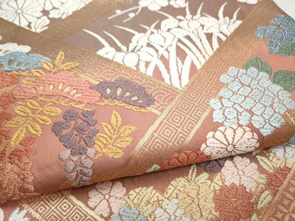 平和屋着物●六通柄袋帯　唐織　檜垣草花文　金糸　正絹　逸品　CABB0706hy