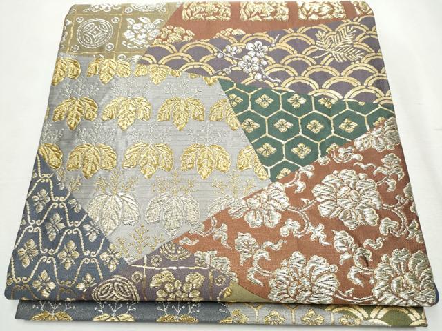 平和屋着物●六通柄袋帯　名物裂　切嵌　吉祥花文　金銀糸　正絹　逸品　CABB0711hy