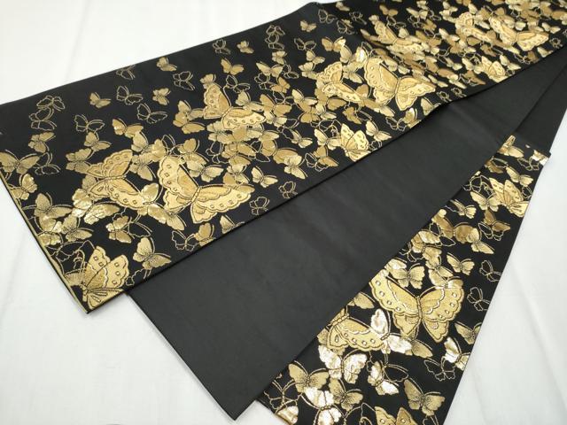 平和屋着物●森英恵・HANAE MORI　六通柄袋帯　舞蝶文　黒地　金糸　正絹　逸品　CABB0721hy