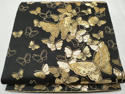平和屋着物●森英恵・HANAE MORI　六通柄袋帯　舞蝶文　黒地　金糸　正絹　逸品　CABB0721hy