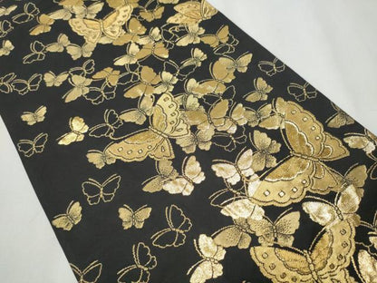 平和屋着物●森英恵・HANAE MORI　六通柄袋帯　舞蝶文　黒地　金糸　正絹　逸品　CABB0721hy