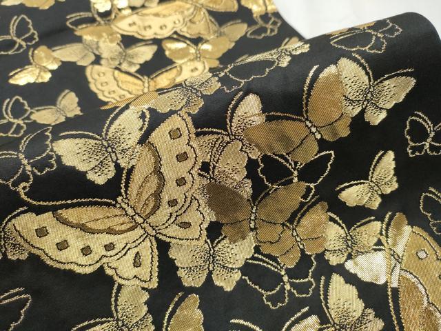 平和屋着物●森英恵・HANAE MORI　六通柄袋帯　舞蝶文　黒地　金糸　正絹　逸品　CABB0721hy