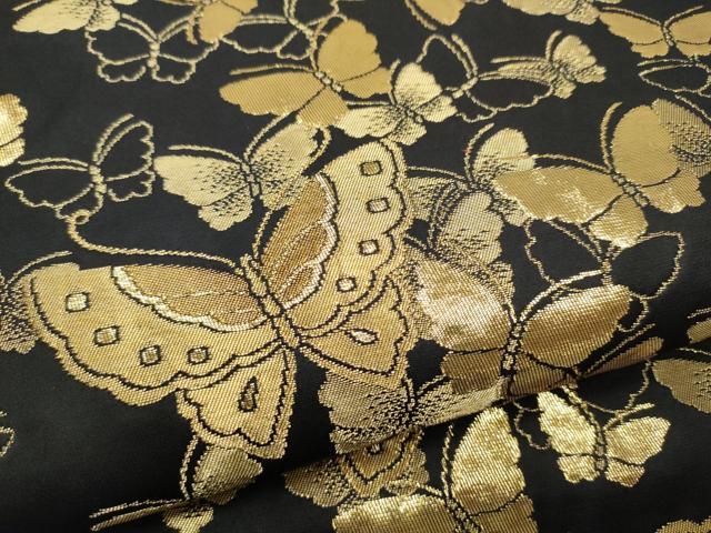 平和屋着物●森英恵・HANAE MORI　六通柄袋帯　舞蝶文　黒地　金糸　正絹　逸品　CABB0721hy