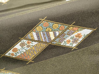 平和屋着物●六通柄袋帯 唐織 菱吉祥花文 金糸 正絹 逸品 CABB0730hy