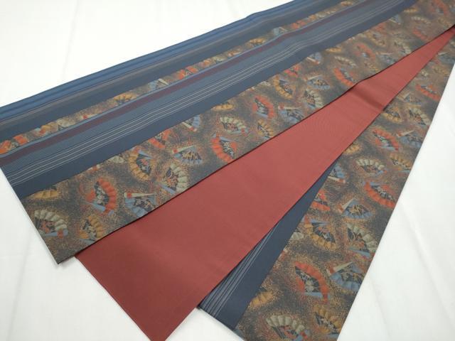 平和屋着物○全通柄袋帯 本場染大島紬地 桧扇花文 正絹