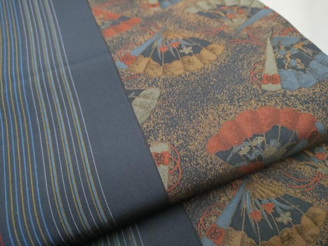 平和屋着物○全通柄袋帯 本場染大島紬地 桧扇花文 正絹