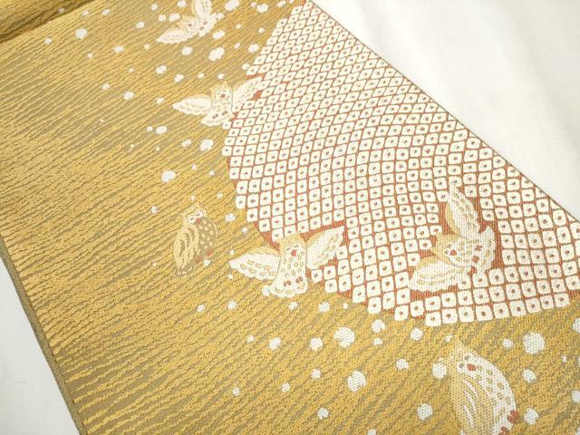 平和屋着物●六通柄袋帯　ミミズク　霞鹿の子文　金糸　正絹　逸品　CABB0743hy 平和屋着物○六通柄袋帯 ミミズク 霞鹿の子文 金糸 正絹 逸品 CABB0743hy