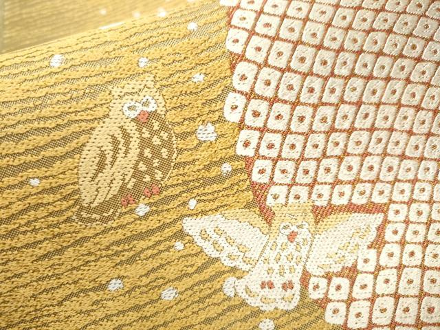 平和屋着物●六通柄袋帯　ミミズク　霞鹿の子文　金糸　正絹　逸品　CABB0743hy 平和屋着物○六通柄袋帯 ミミズク 霞鹿の子文 金糸 正絹 逸品 CABB0743hy