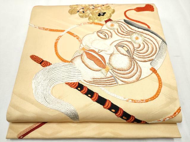 平和屋着物●アンティーク　大正ロマン　丸帯　総刺繍　駒刺繍　能面　横笛　金糸　正絹　逸品　CABB0747hy