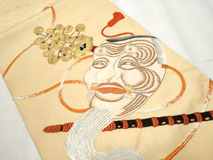平和屋着物●アンティーク　大正ロマン　丸帯　総刺繍　駒刺繍　能面　横笛　金糸　正絹　逸品　CABB0747hy