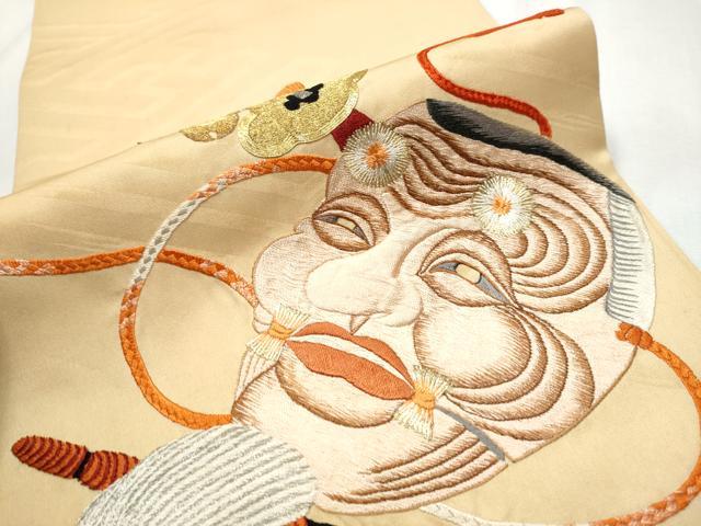 平和屋着物●アンティーク　大正ロマン　丸帯　総刺繍　駒刺繍　能面　横笛　金糸　正絹　逸品　CABB0747hy