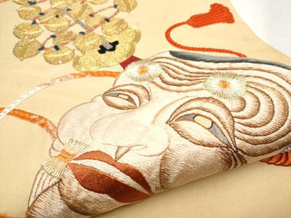 平和屋着物●アンティーク　大正ロマン　丸帯　総刺繍　駒刺繍　能面　横笛　金糸　正絹　逸品　CABB0747hy