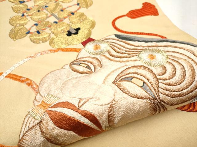 平和屋着物●アンティーク　大正ロマン　丸帯　総刺繍　駒刺繍　能面　横笛　金糸　正絹　逸品　CABB0747hy